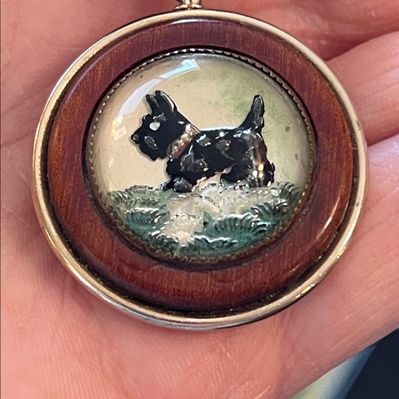 Antique Essex Crystal Reverse Painted Scottie Dog Pendant on Black Velvet Choker - Picture 6 of 11